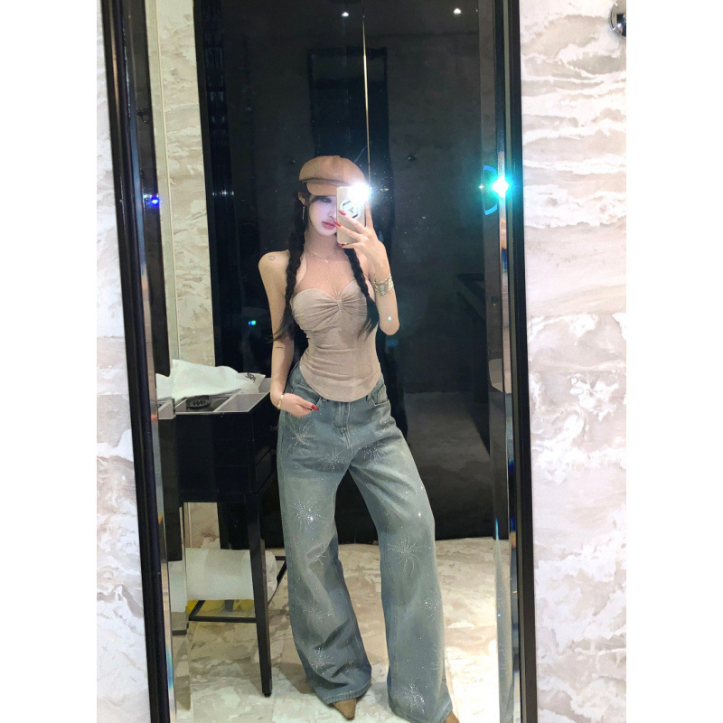 Spring New Style Pure Desire Sexy Hottie Tight-Fitting Mesh Halter Top + Sparkling Rhinestone Denim Pants Set for Women Spring New Style Pure Desire Sexy Hottie Tight-Fitting Mesh Halter Top + Sparkling Rhinestone Denim Pants Set for Women