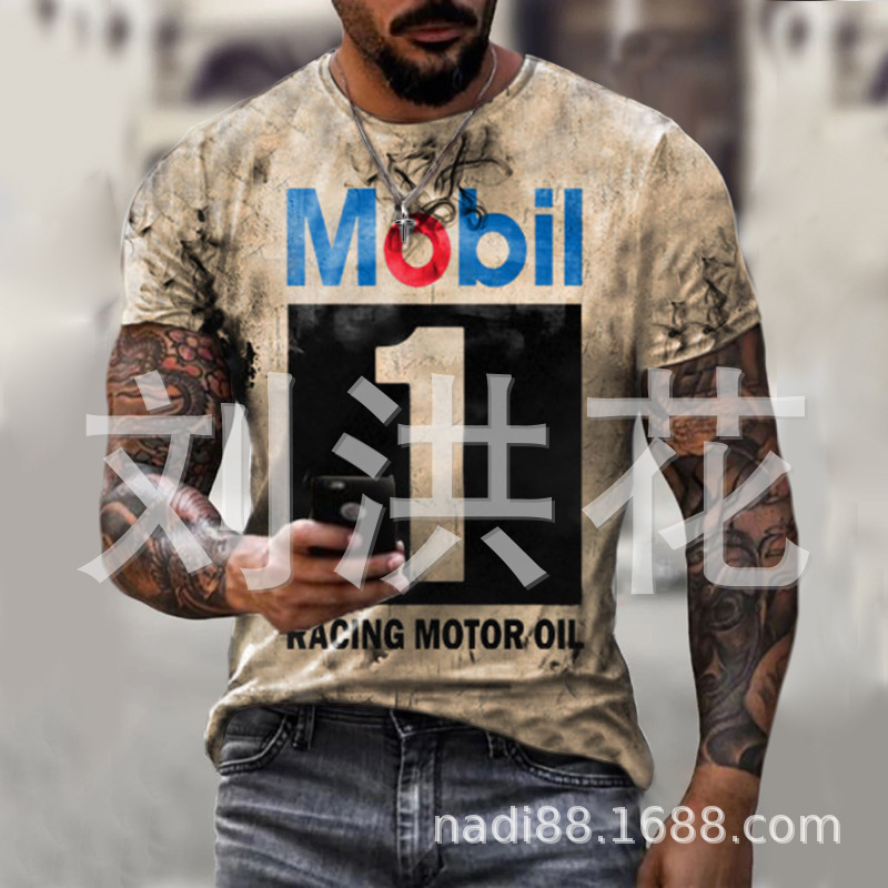 跨境2021夏欧美男装亚马逊复古休闲Mobil1号机油徽章印花短袖T恤