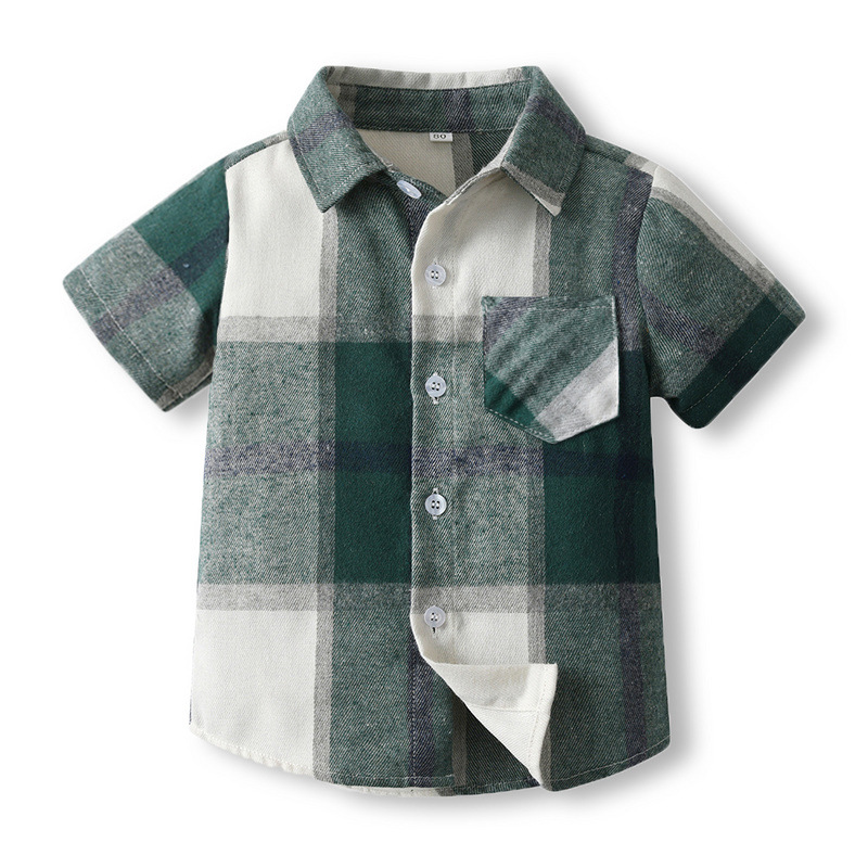 Ventas transfronterizas calientes de verano para niños con solapa de algodón casual cardigan sudoroso coreano para niños camisas de manga corta a cuadros niños