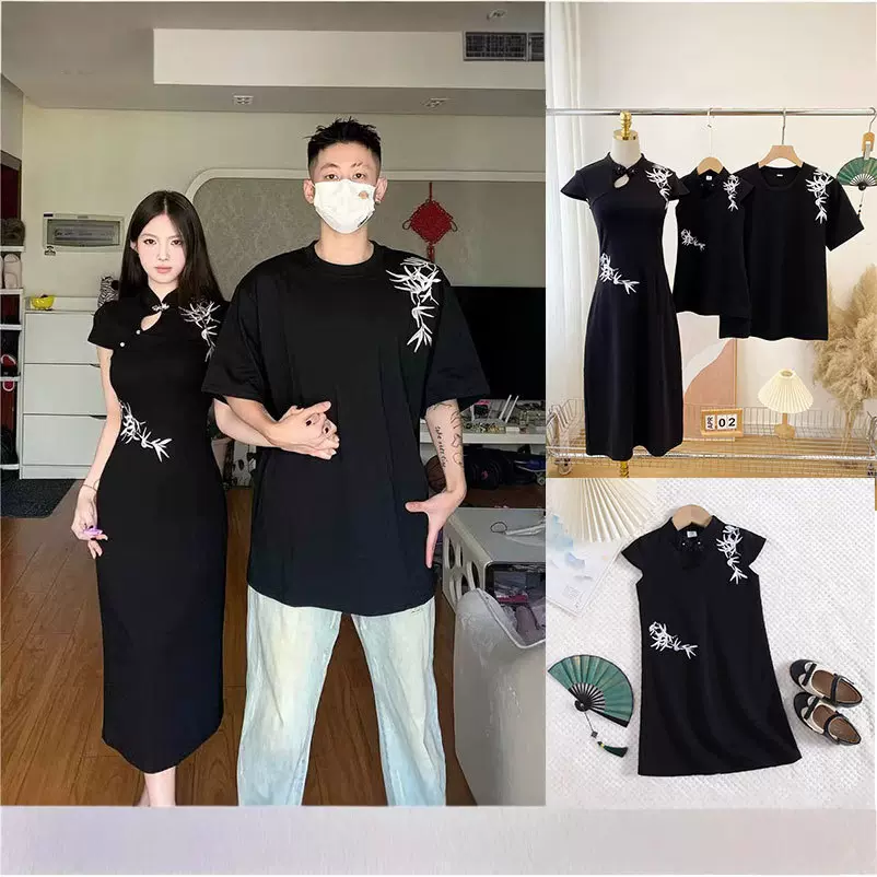 新中式情侣装2025夏装国风亲子装旗袍短袖连衣裙高级感女童裙刺绣