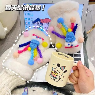 Gloves Women's Winter fleece-lined Thickened Plush Cute Winter Student's Neck All-inclusive Multi-finger Cold-proof Wind Cycling Warm