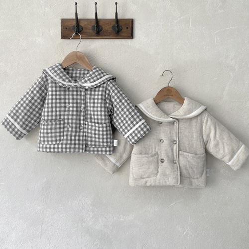 Baby spring cotton-padded jackets for boys and girls, double-breasted large lapel quilted jackets, baby cotton-padded jackets, baby cotton-padded jackets for winter