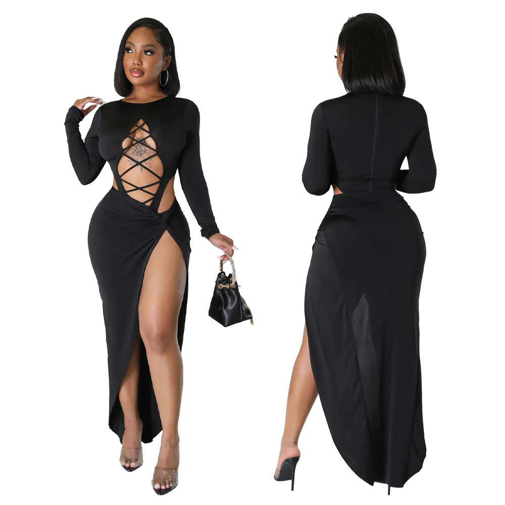Conjunto de saia e top sexy manga comprida com recortes_voghion.com