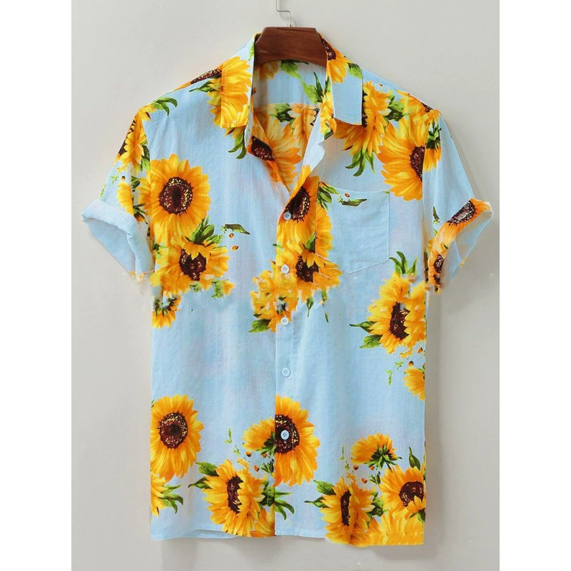 2024 Летняя мода, индивидуальная мужская мода, повседневная рубашка с 3D цифровой печатью в цветочном стиле, свободная рубашка с короткими рукавами и карманами