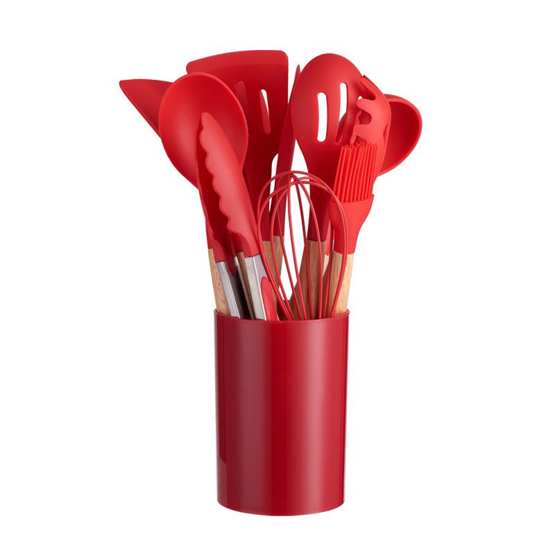 Juego de doce piezas de silicona con mango de madera de color al por mayor, juego de utensilios de cocina de espátula de grado alimenticio de silicona, combinación de regalo