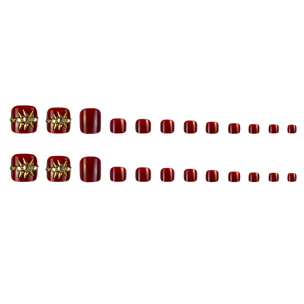 Uñas postizas para otoño e invierno, producto terminado, 24 piezas, uñas postizas con diamantes de imitación color cereza, pegatinas de uñas postizas. image 6