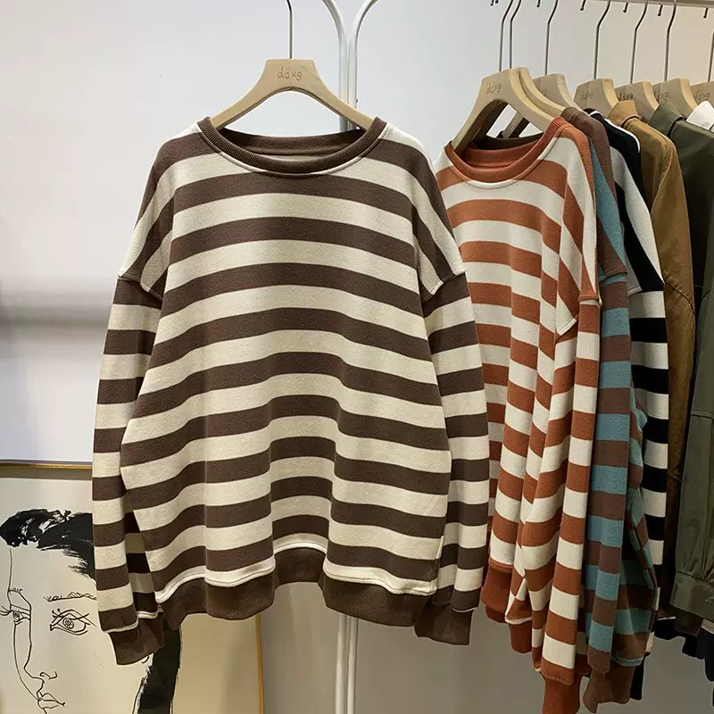 秋季洋气简约大气圆领塌肩长袖撞色条纹卫衣女宽松慵懒上衣外套潮