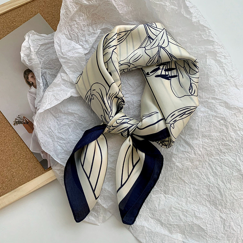 Bufanda de seda, bufanda cuadrada pequeña, sensación premium, nuevo estilo coreano, chal de seda de imitación dulce y fresco, bolso de flores, pañuelo en la cabeza, cinturón para el cabello