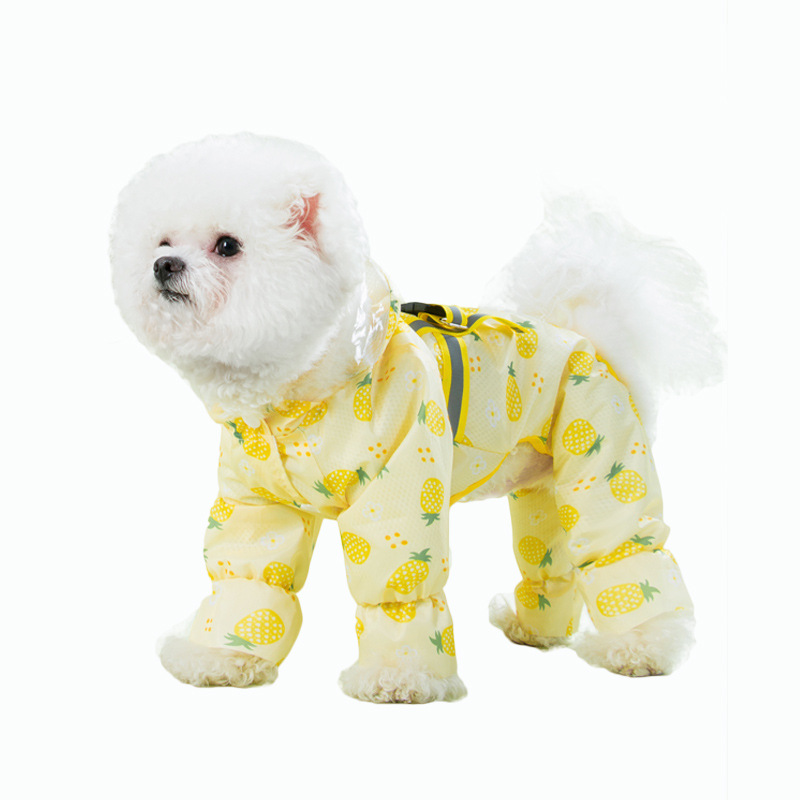 Estilo coreano fruta completa impresa perro impermeable de cuatro patas poncho todo incluido oso de peluche mediano y pequeño perro mascota ropa de día lluvioso