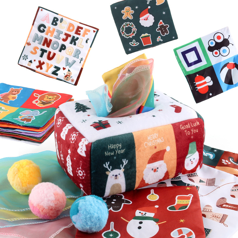 Bebé Educativo Educación Temprana libro de tela juguete bebé sonando papel libro de tela simulación animal caja de pañuelos sin lágrimas con pompón