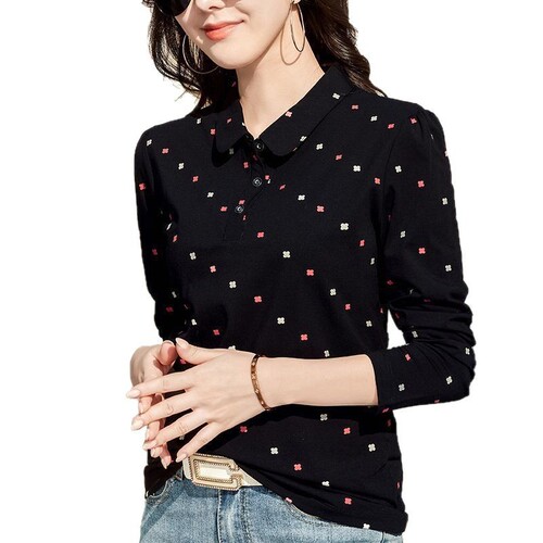 Cross-border spring new women's long-sleeve T-shirt with stylish collar polo shirt Korean version slim fit comfortable temperament base shirt