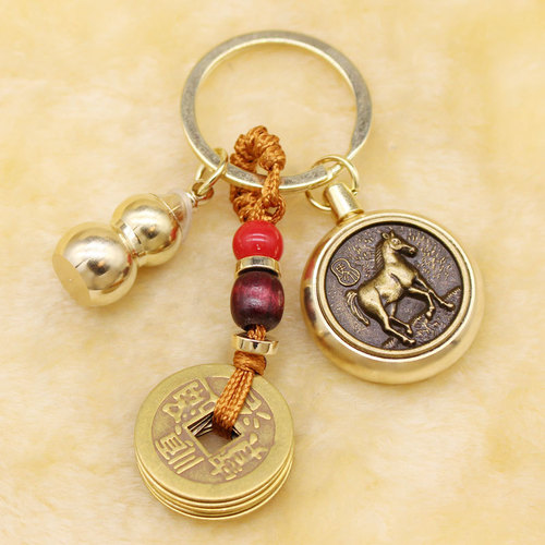 Real copper transfer money zodiac brass five emperors money key chain open gourd pendant jewelry pendant key chain stall