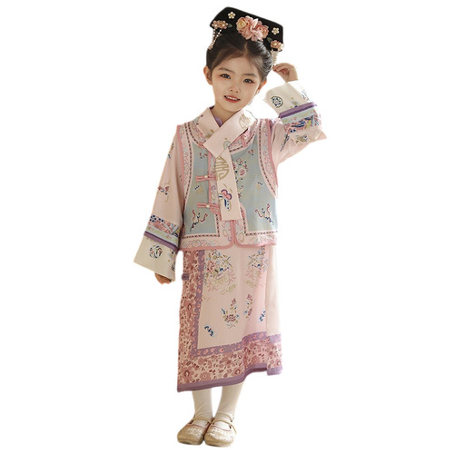 Hanfu Girl Spring Baby Chinese Style Cheongsam Set 2024 Ancient Costume Children Tang suit vest Gege dress wholesale