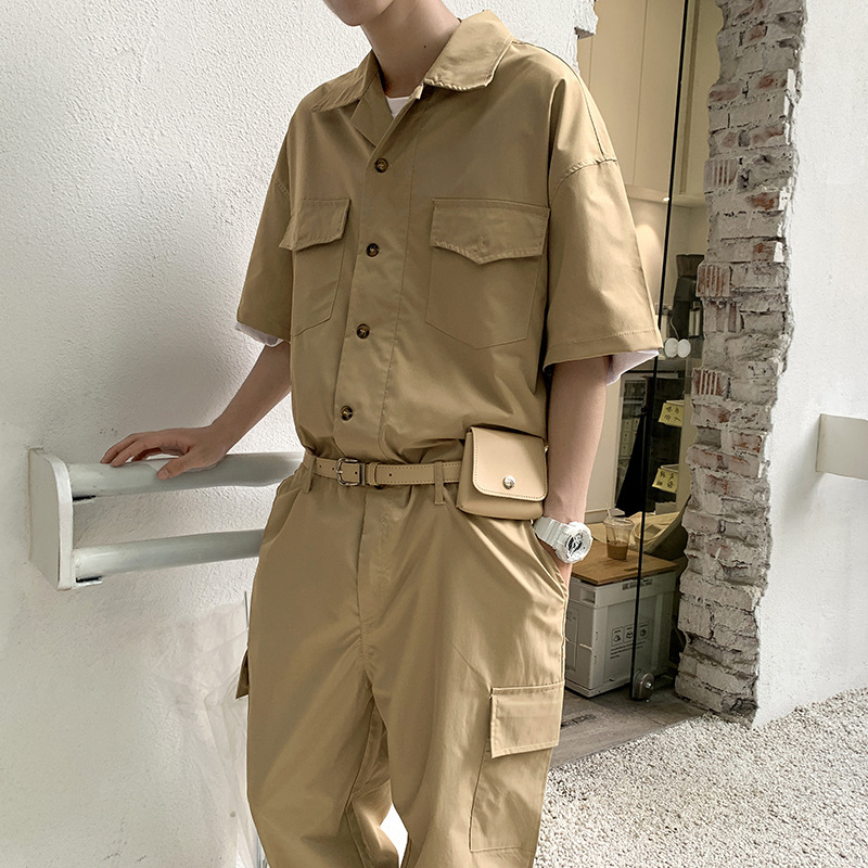 Japanese Style Retro Tooling Suit Men's Fashionable Brand One-piece Suit Loose Short-sleeved Shirt Jumpsuit Fashionable Jumpsuit Japanese Style Retro Tooling Suit Men's Fashionable Brand One-piece Suit Loose Short-sleeved Shirt Jumpsuit Fashionable Jumpsuit