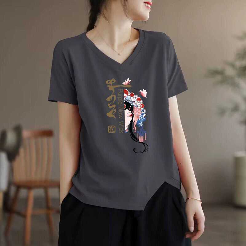 Mother's plus size V-neck Short-sleeved T-shirt Women's Loose Half-sleeved Simple Casual All-match Printed T-shirt Women's Fashion Top