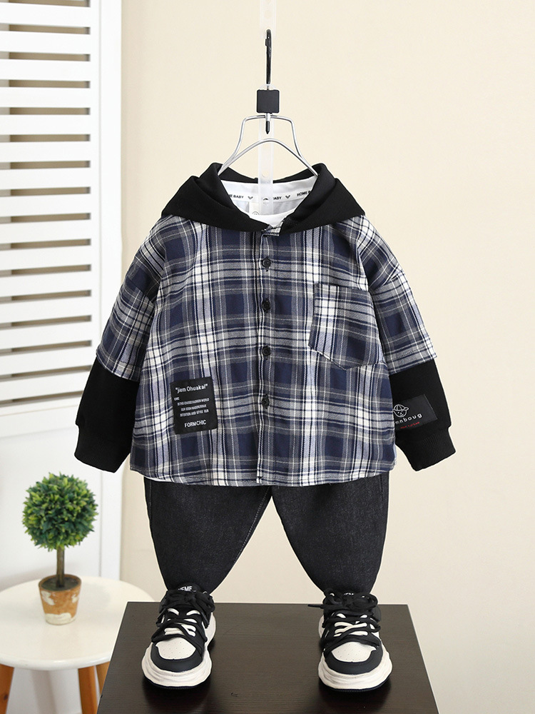 5989 Chaqueta de camisa con capucha de otoño para niños 2024 Nueva camisa a cuadros de manga larga de primavera y otoño para niños image 3
