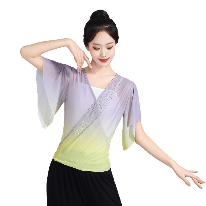 新しい古典舞踊グラデーション弾性メッシュ半袖トップ練習服ボディショートレースアップダンス服女性用|undefined