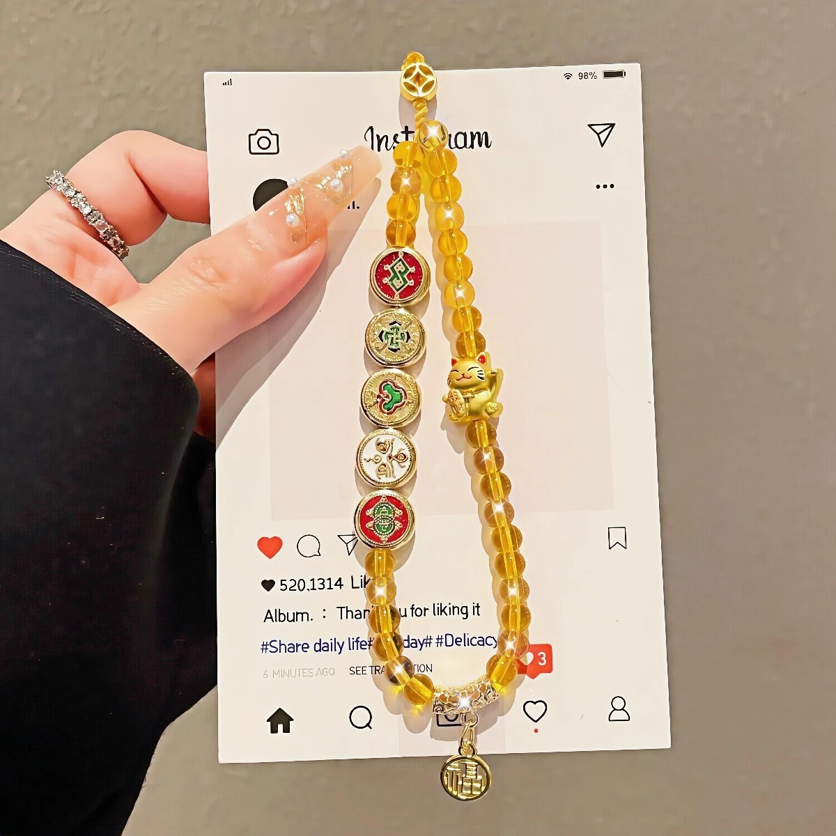 新中式五路财神串珠手机挂件招财猫串珠时尚高端串珠中式风手机链