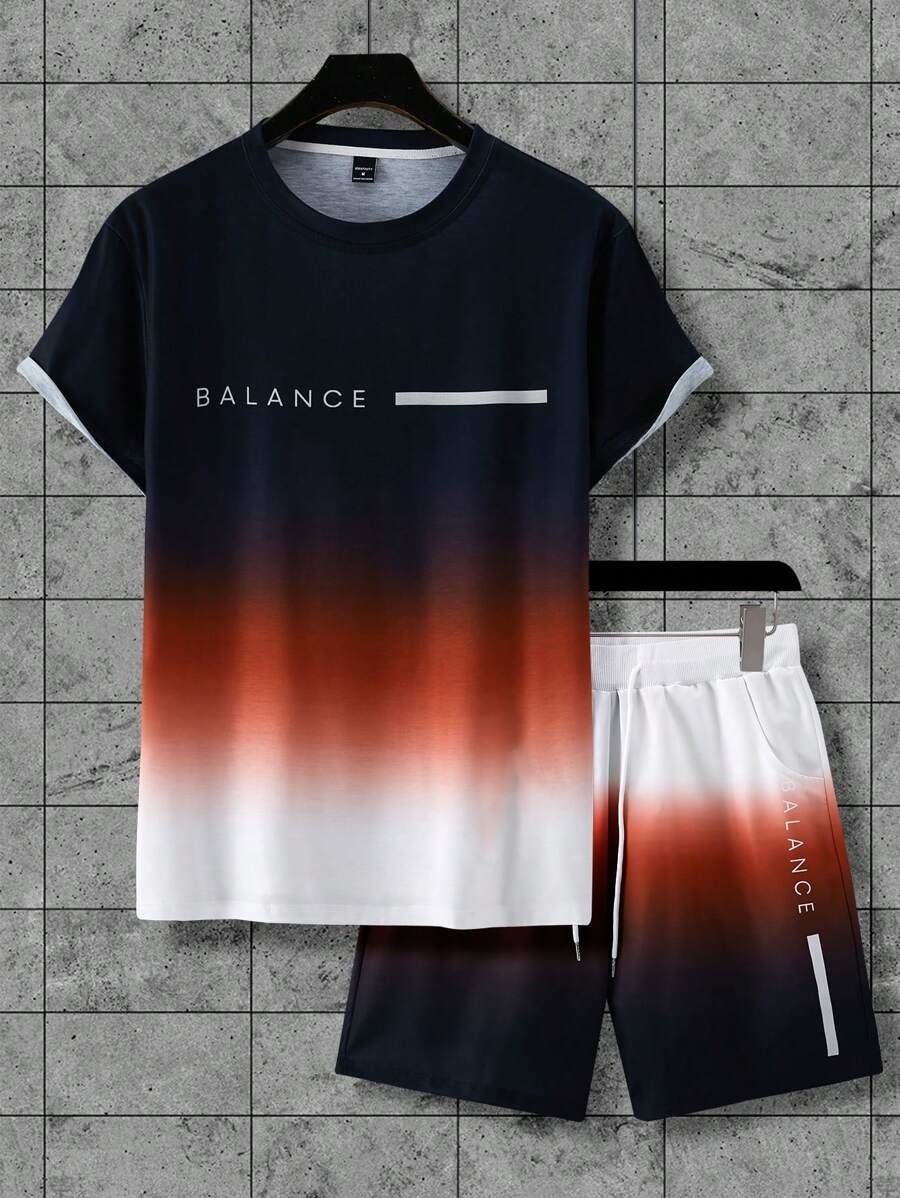 Lema de letras de color degradado estampado 3D traje de hombre camiseta traje deportivo de hombre cuello redondo pantalones cortos con cordón de manga corta