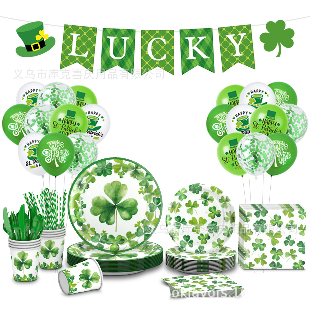 San Patricio de trébol fiesta decoración irlandesa bandeja de papel desechable taza de papel toallas de papel set de decoración de platos