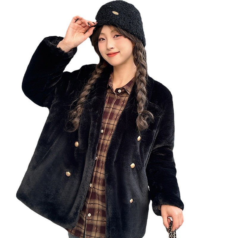 가을 겨울 플러시 코트 여성 캐주얼 v 넥 두꺼운 방한 따뜻한 친환경 모피 코트 더블 브레스트 코튼 코트