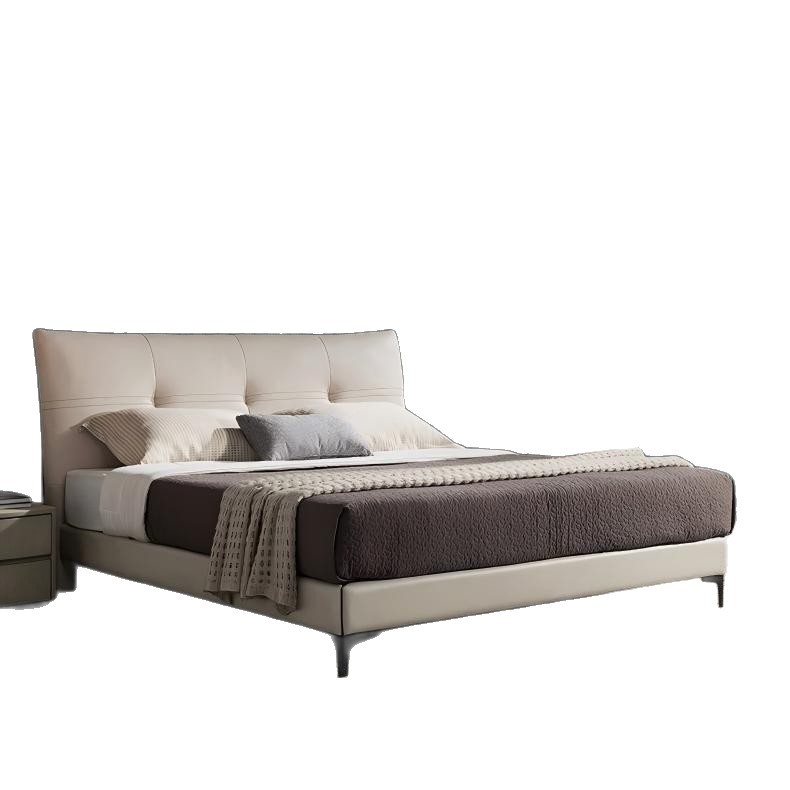 Cama de cuero beige, cama de matrimonio, cama de cuero, cama de madera maciza, cama de cuero, cama doble, cama moderna, cama de cama principal, cama queen