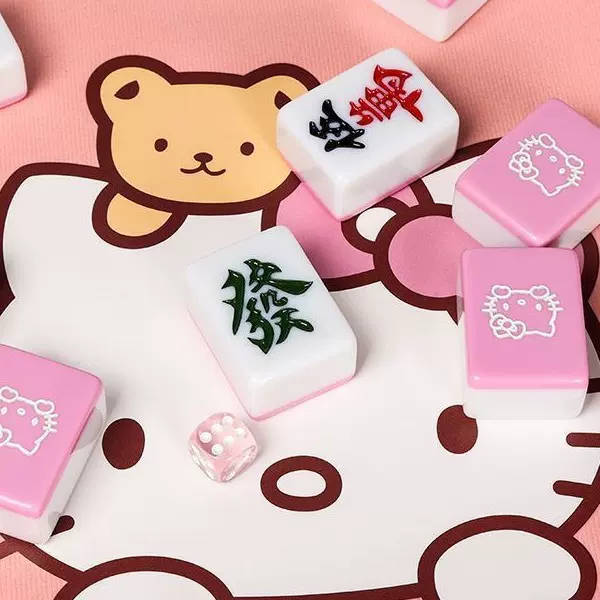 粉色小猫卡通麻将网红家用手打可爱麻将牌中大号送礼品