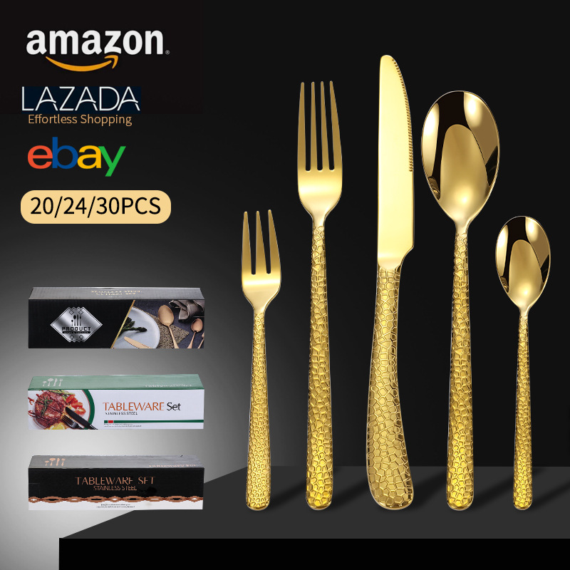20/24/30 piezas traje Hotel Acero inoxidable vajilla cuchillo, tenedor y cuchara Amazon martillado occidental cuchillo de carne, tenedor y cuchara