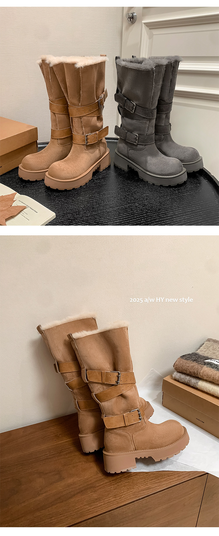Boot tuyết nữ cổ cao lót lông cừu ấm áp đế dày khóa thắt lưng — màu kê chi tiết 11