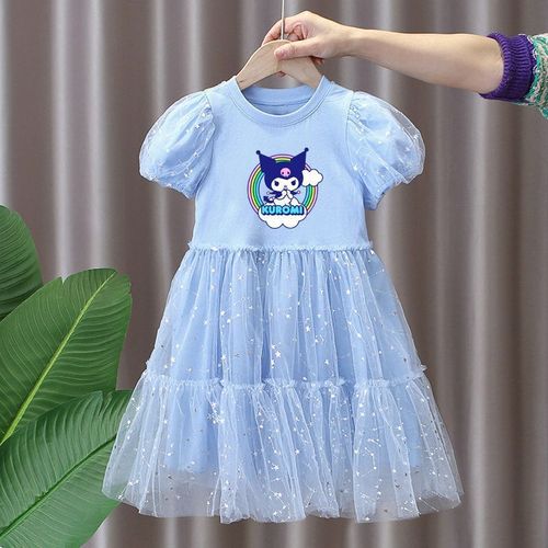 Summer princess dress for girls, children bubble sleeve chiffon dress, Kuromi dress for girls, A-line medium-length dress