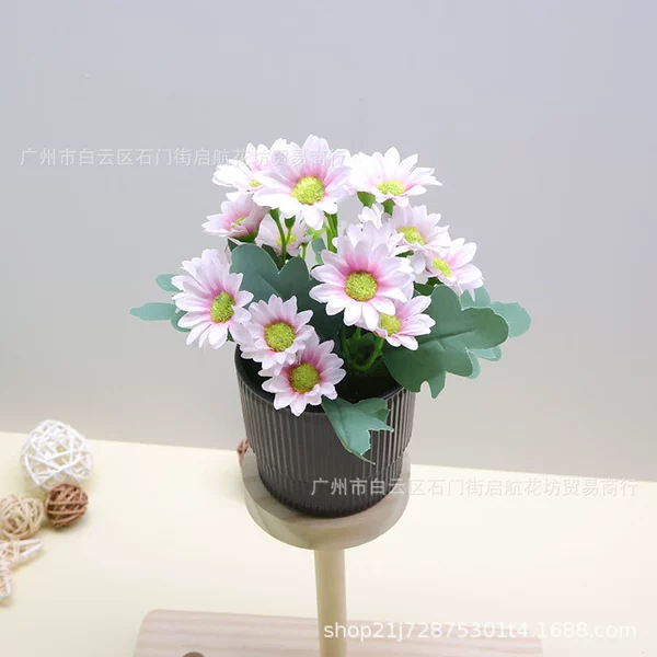 [21 small daisies pink + brown striped pot]