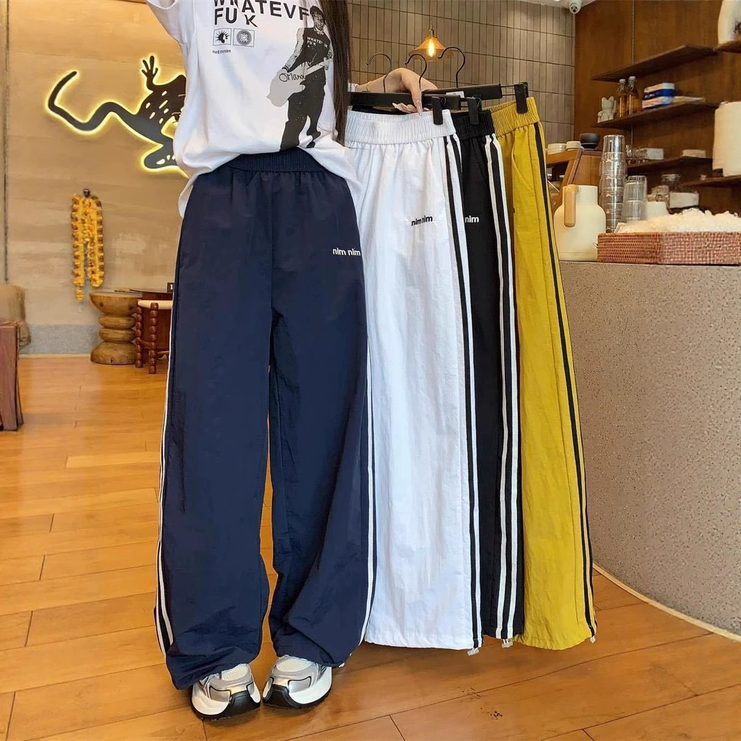 Спортивные брюки, быстросохнущие брюки для женщин, летние женские брюки из тонкого ледяного шелка, свободные повседневные брюки с боковыми полосками, прямые широкие брюки с высокой талией