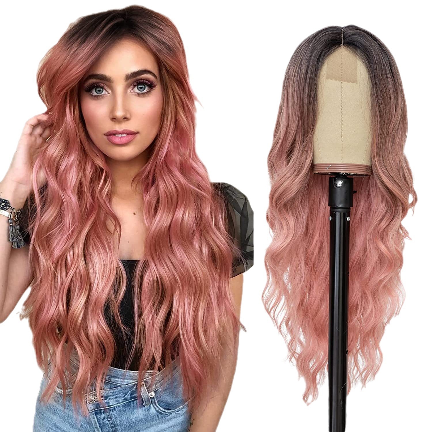 Perruque longue ondulée pour femme, cheveux bruns, raie au milieu, style polyvalent, confort optimal, extensions de cheveux synthétiques_voghion.com