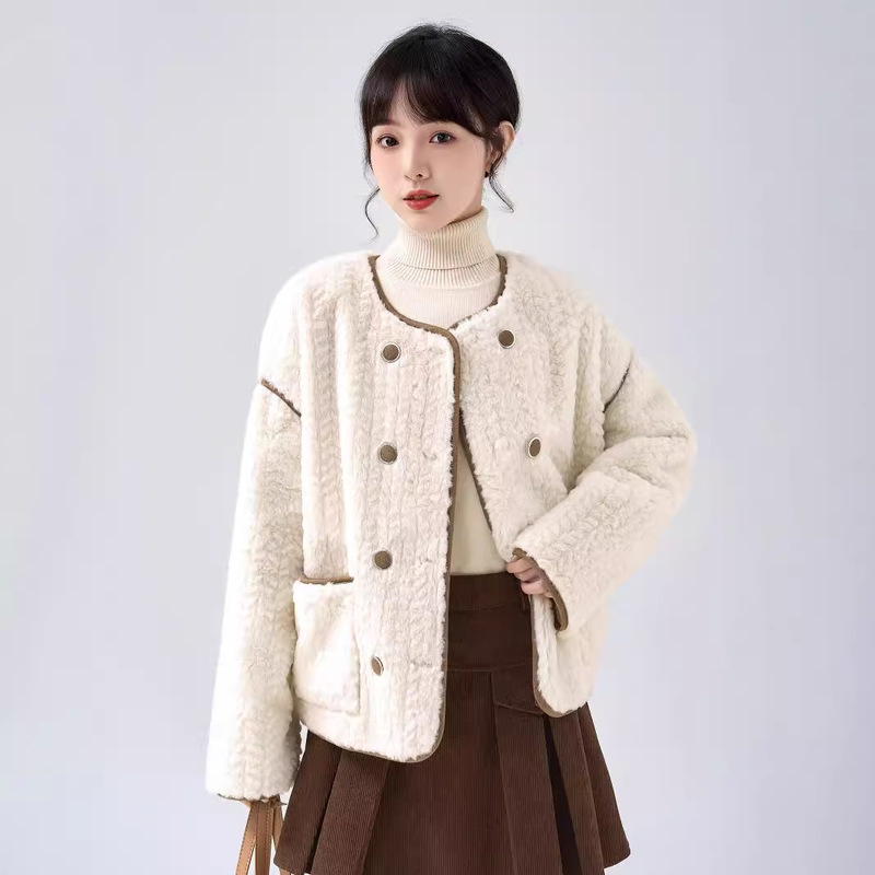 Tweed Style Beige Thickeneded Lamb Plush Outwear for Women Autumn and Winter Loose Small Short Polar Fleece Plush Cotton Outwear