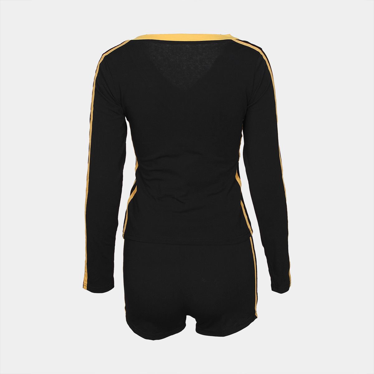 Fall Retro Contrast Color V neck Slim Fit Sexy Long Sleeve Top Drawstring Shorts Two Piece Sets