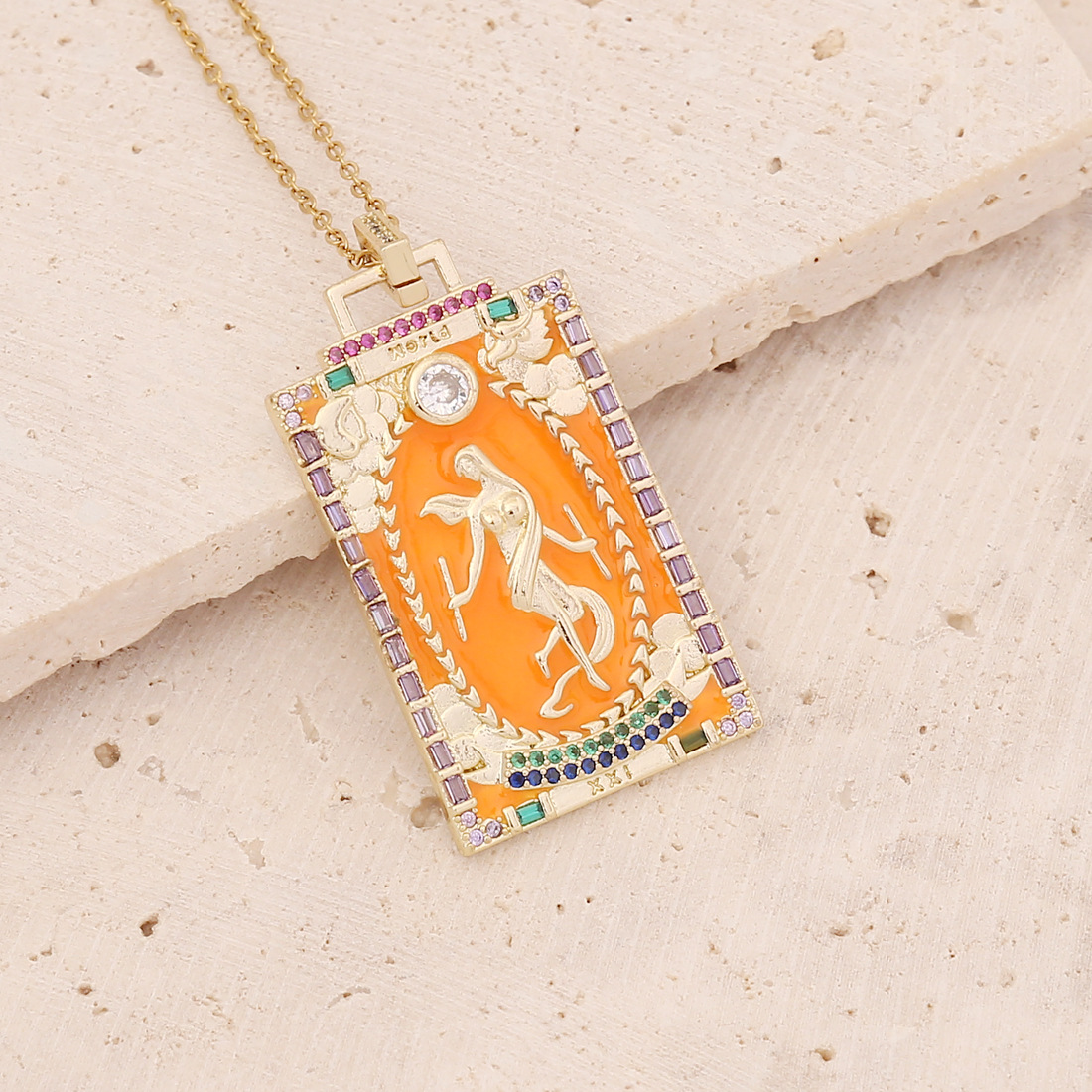fashion tarot card pendant retro dripping oil copper necklace