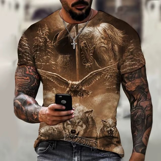 2024 moda casual suelto cuello redondo manga corta transpirable camiseta de hombre personalidad lobo malvado spot de impresión digital 3D