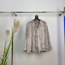 新款艺术编境宽松双色晕染廓形编织中长款獭兔毛皮草女外套E031