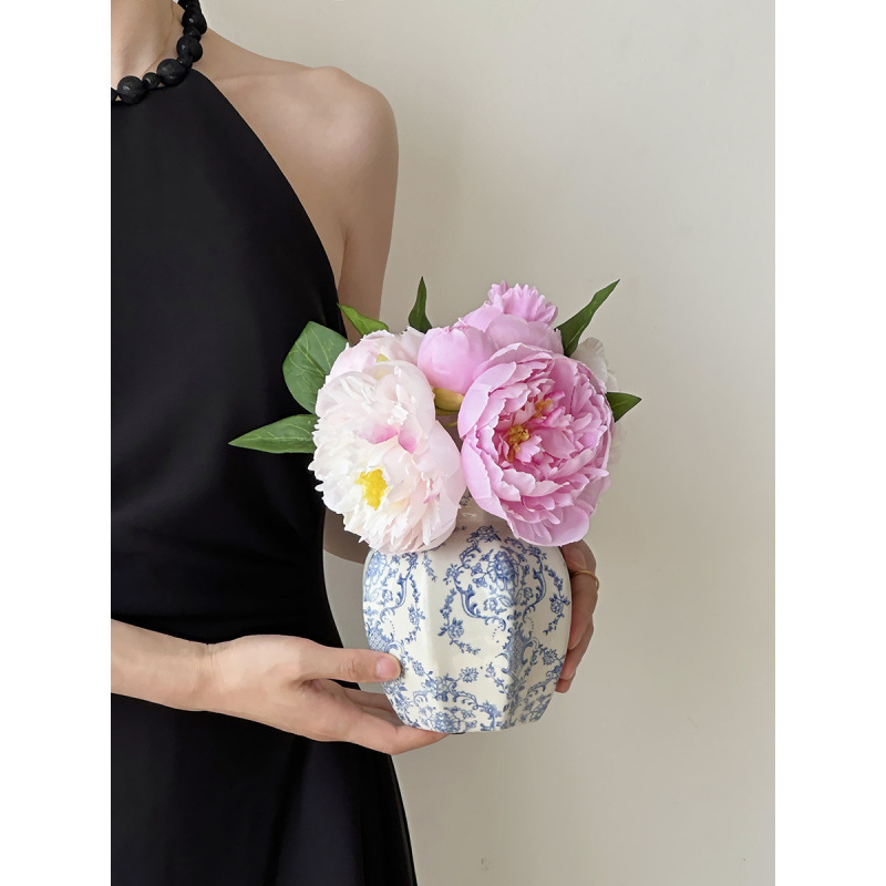 Nuevo jarrón de cerámica azul china nueva decoración de estilo chino sala de estar floral decoración de vestíbulo de estilo antiguo peonía floral