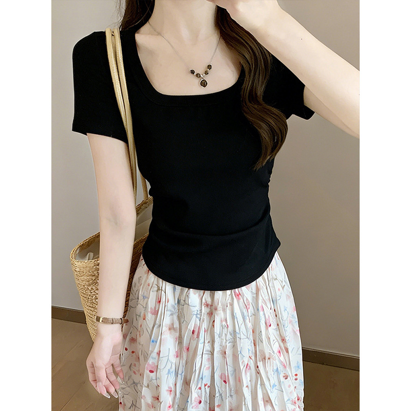 Women's Summer Short-Sleeve T-Shirt with Square Neckline, Ruched Waist, and Exposed Collarbone, Black Top with Square Neckline and Short Sleeves Women's Summer Short-Sleeve T-Shirt with Square Neckline, Ruched Waist, and Exposed Collarbone, Black Top with Square Neckline and Short Sleeves