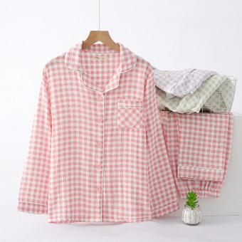 春秋纯棉双层纱布女士可外穿格子睡衣套装日系夏季家居服日系简约