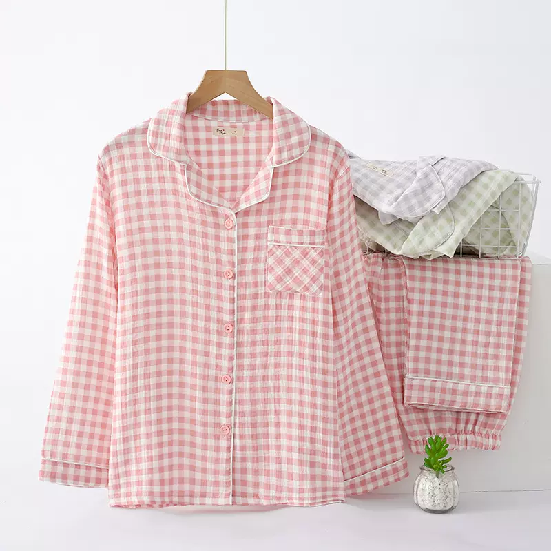 春秋纯棉双层纱布女士可外穿格子睡衣套装日系夏季家居服日系简约