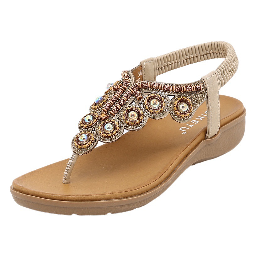 Sandalias de Verano 2025, Estilo Bohemio, con Adornos de Pedrería y Correa Elástica en el Talón, Zapatos de Mujer