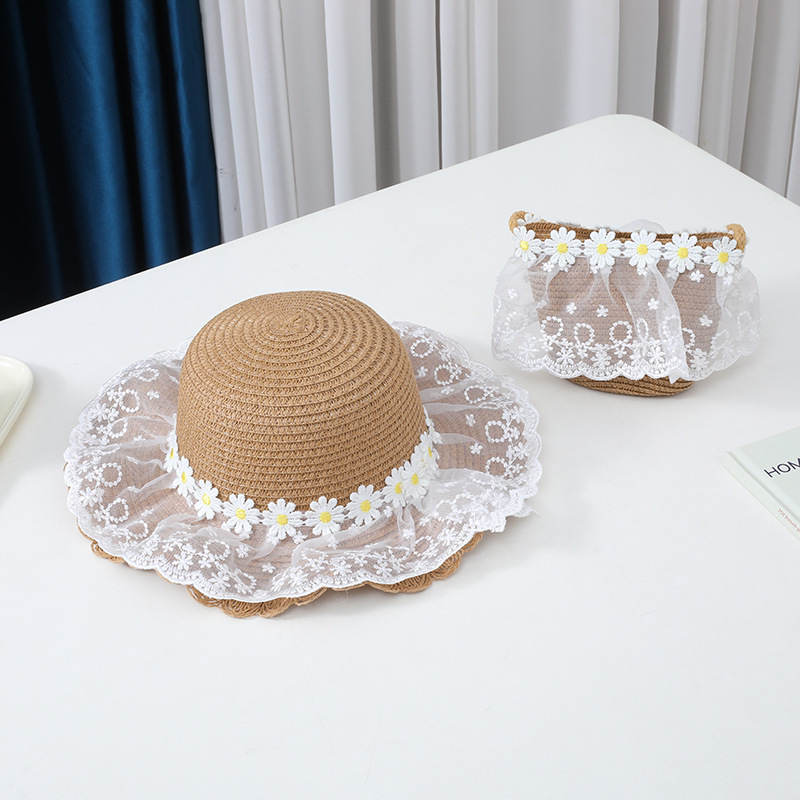 Daisy lace wavy edge straw hat-khaki