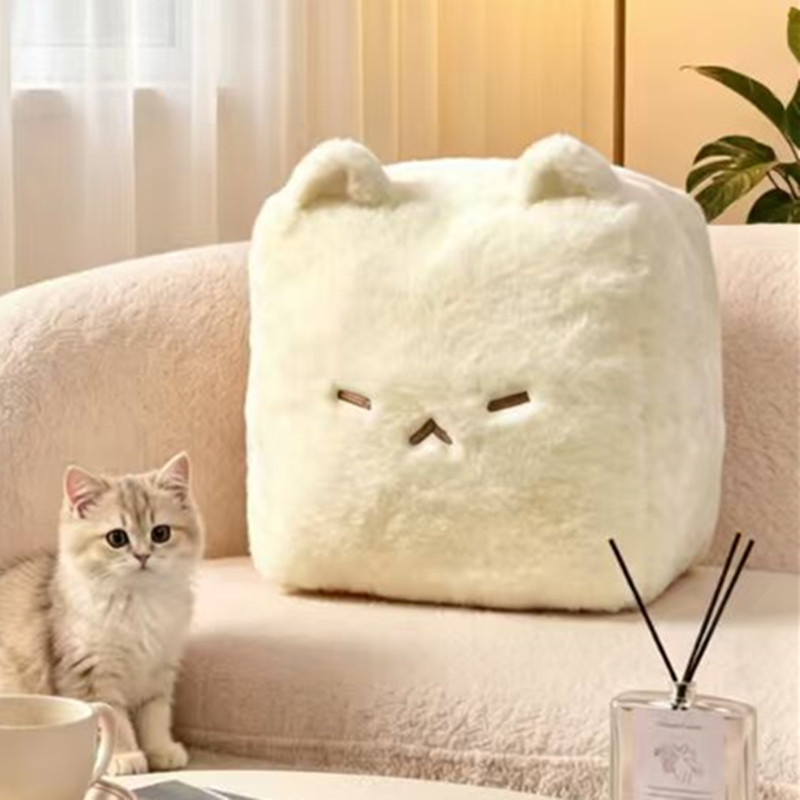 Nosey Bear Lamb Wool Cat-Shaped Moldy Tofu Plush Pillow Cute Cushion Sofa Living Room Decorative Doll Pillow