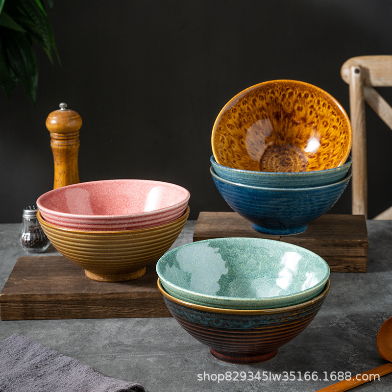 Japanese Style Kiln Change Ramen Bowl Bucket Bowl 8 Inch Retro Soup Noodles Large Bowl Tableware Commercial Ceramic Bowl Soup Bowl Cross Border