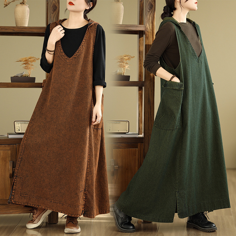 V-Neck Hooded Vest Denim dress Loose plus size Fashionable Large Pocket Long Skirt V-Neck Hooded Vest Denim dress Loose plus size Fashionable Large Pocket Long Skirt
