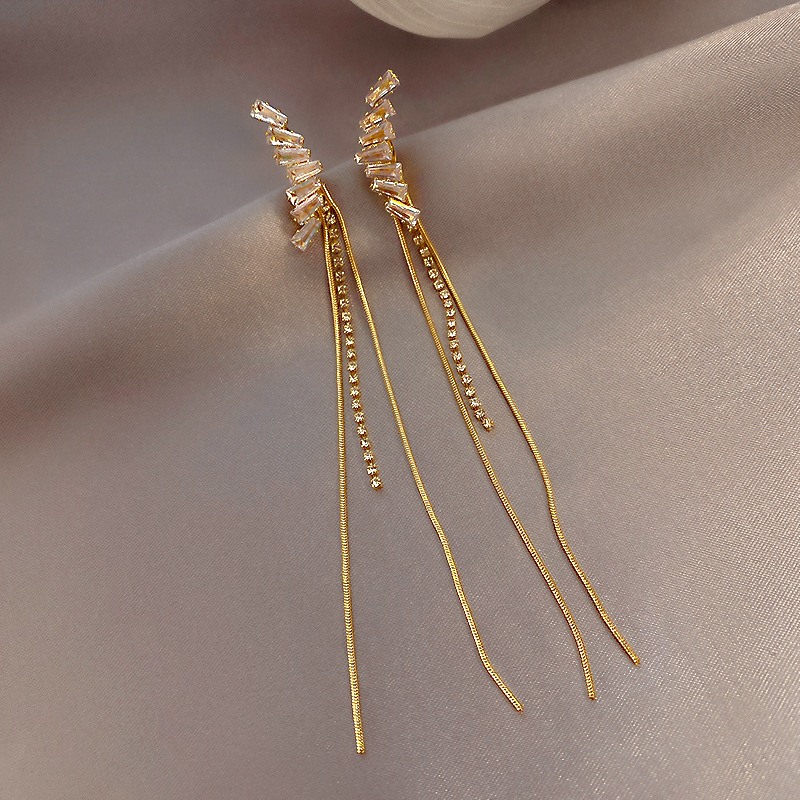 菱形锆石长款流苏耳环