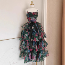 2025新品法式别致欧根纱吊带印花荷叶边系带蝴蝶结拖尾礼服连衣裙