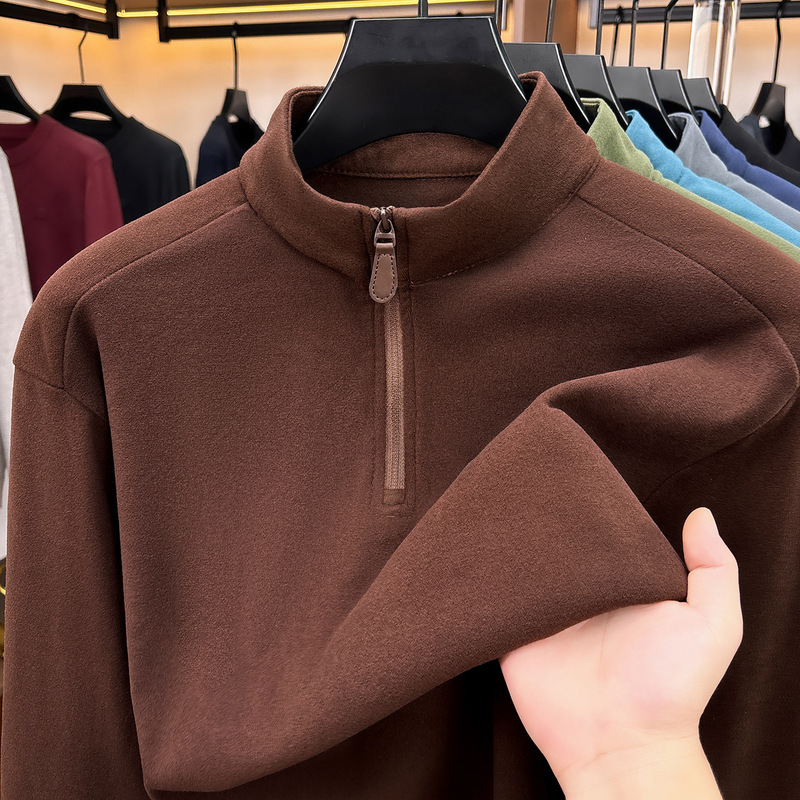Men's double-sided thermal fleece half-zip stand-up collar long-sleeve T-shirt, versatile for spring and autumn, simple casual base layer sweatshirt for dads Men's double-sided thermal fleece half-zip stand-up collar long-sleeve T-shirt, versatile for spring and autumn, simple casual base layer sweatshirt for dads